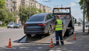 Эвакуатор загружает автомобиль на городской улице