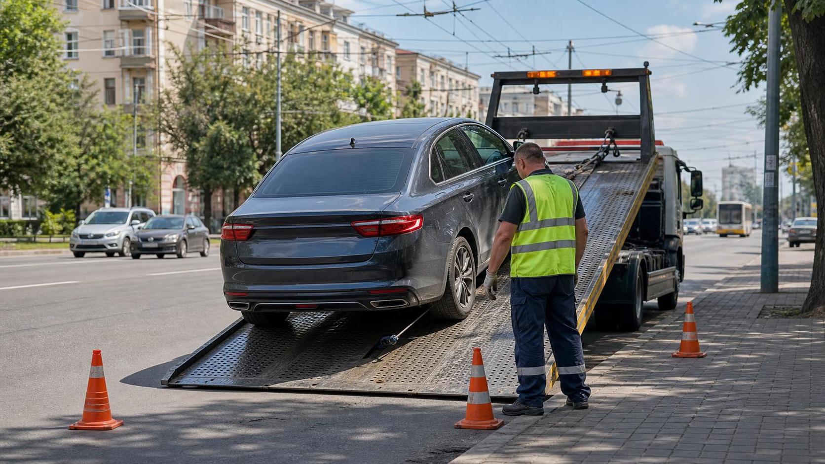 Эвакуатор загружает автомобиль на городской улице
