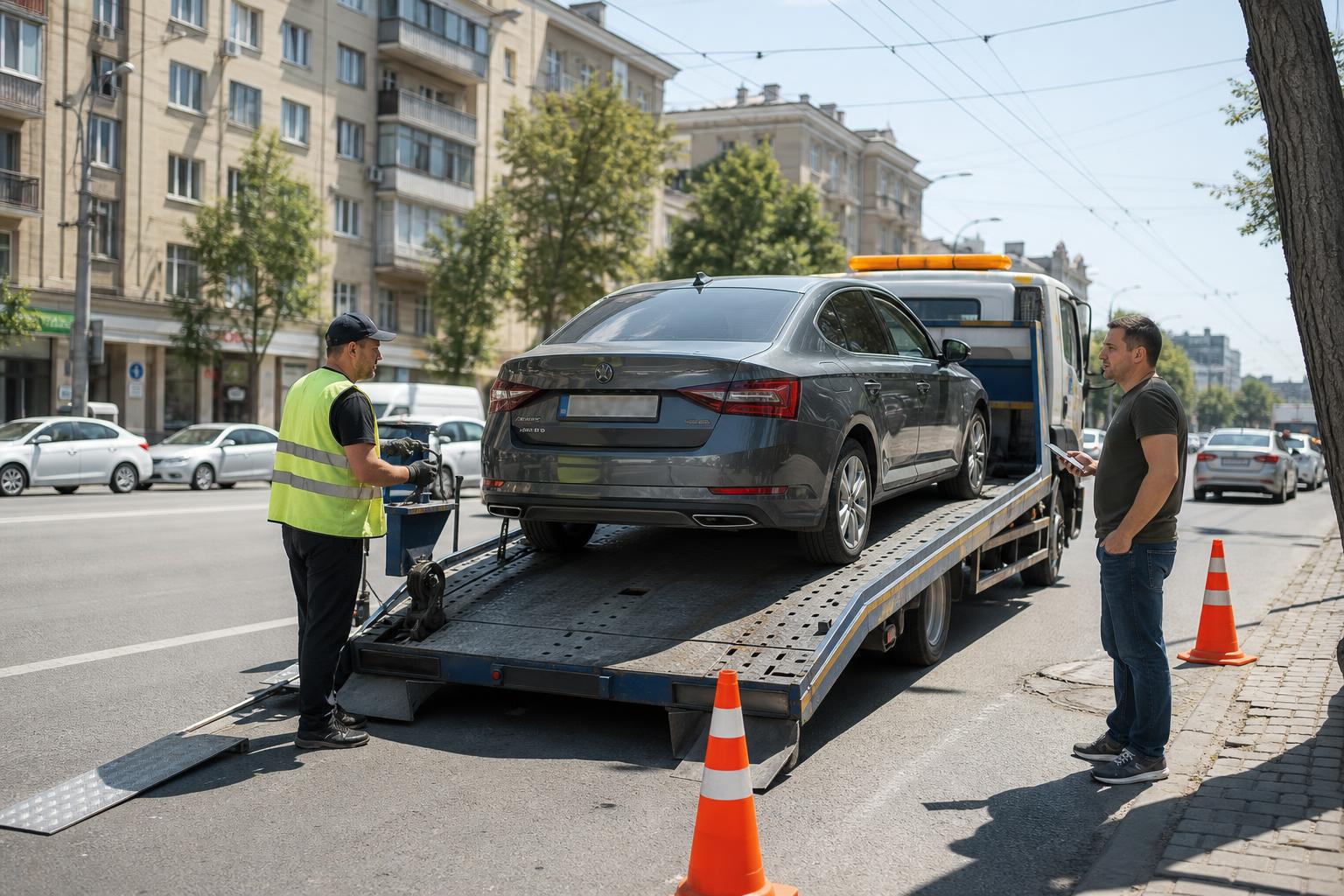 Эвакуатор загружает автомобиль на городской улице